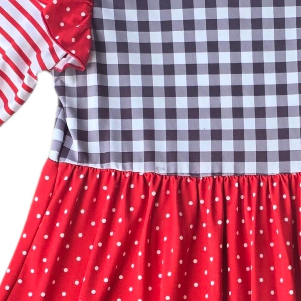 Penelope Plumm Festive Red Santa Checker Dress Ruffle Long Sleeves Size 12